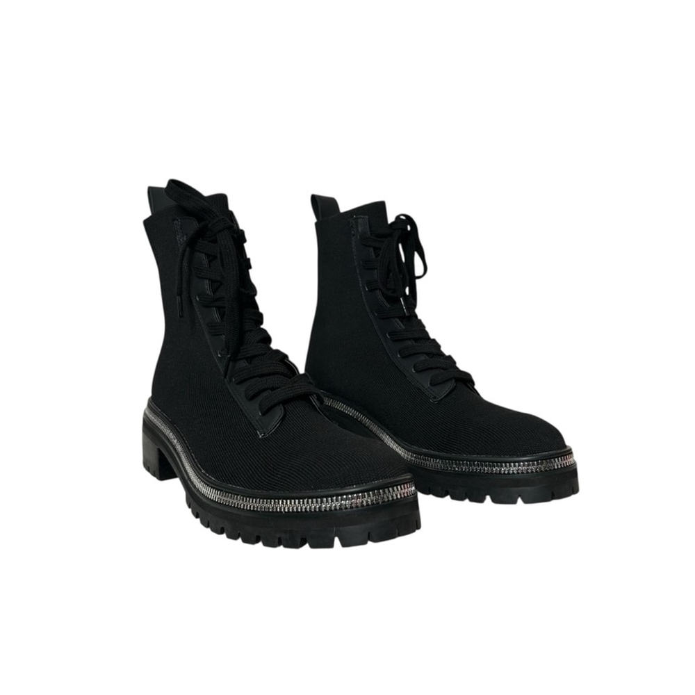 Steven New York Black Silver Firenze Stretch Knit Combat Booties Women’s Sz 8.5 - Picture 4 of 14